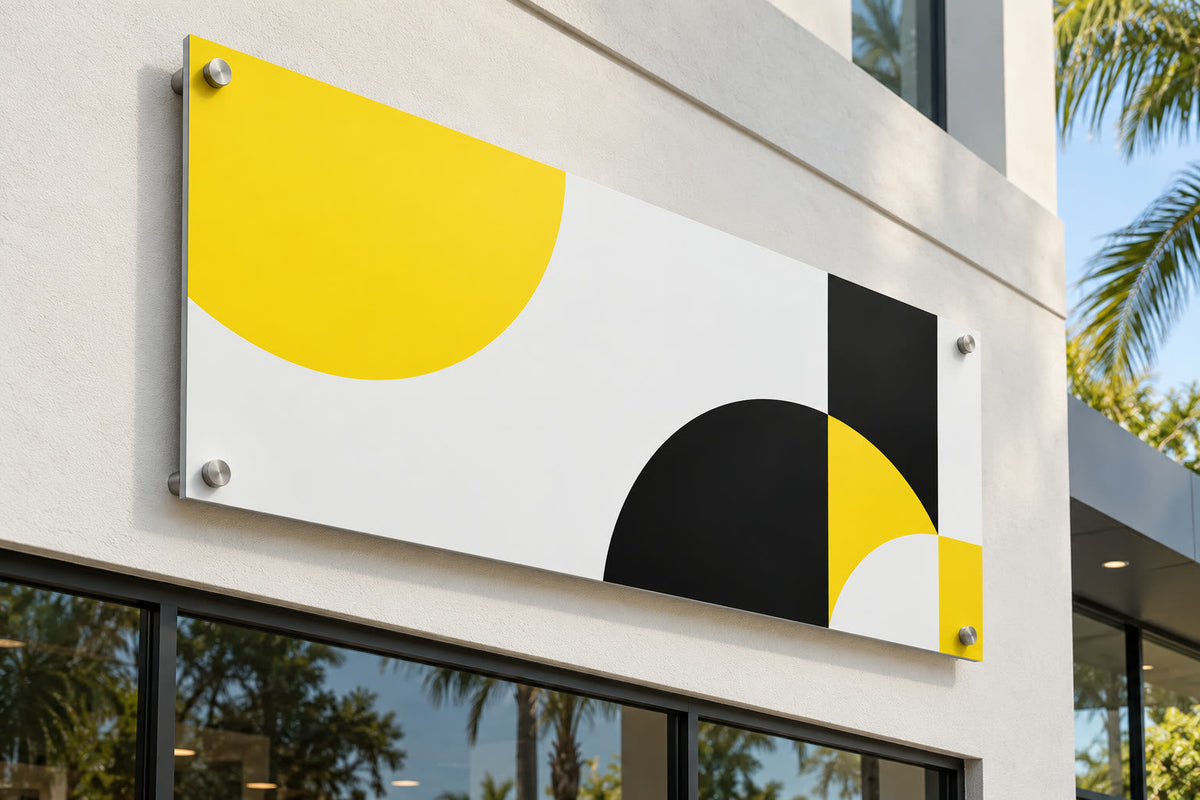 Custom Dibond sign mounted with standoffs on a Florida storefront