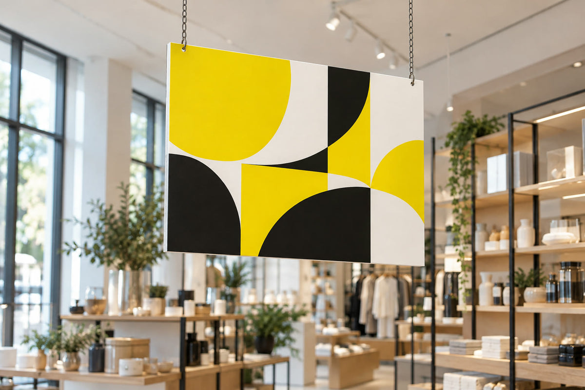 PVC sign hanging in a boutique