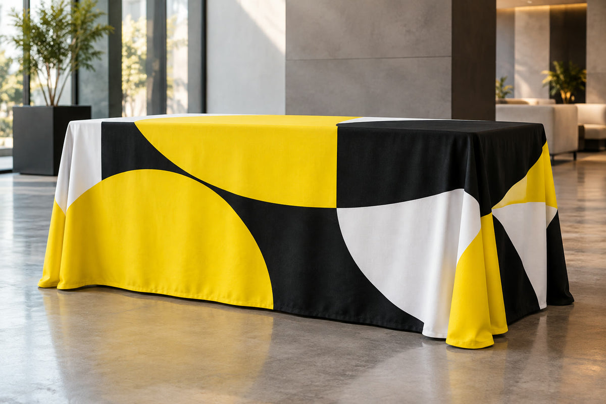 Printed table cover at a trade show booth