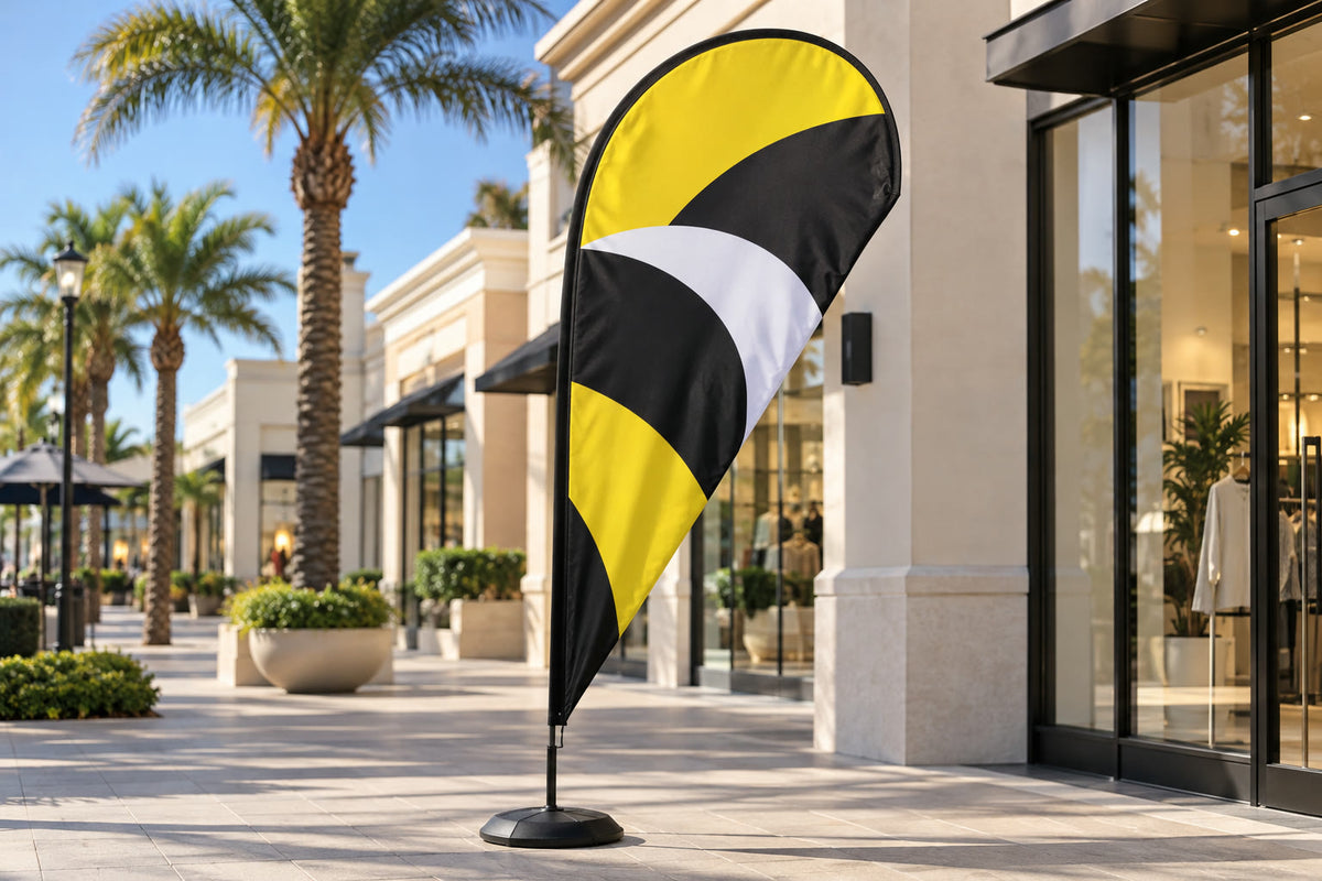 Teardrop flag in front of a store