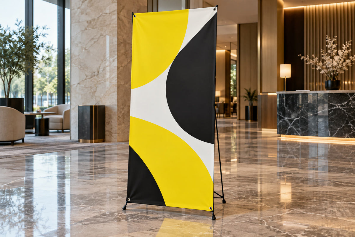 X-stand banner in a hotel lobby