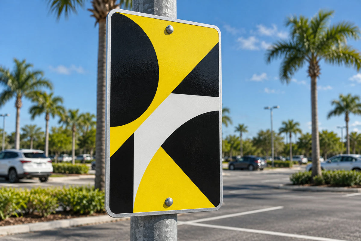 Custom aluminum sign on a post in a parking lot