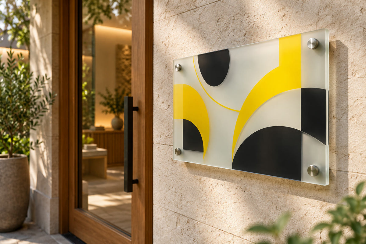 Frosted acrylic sign by a spa door