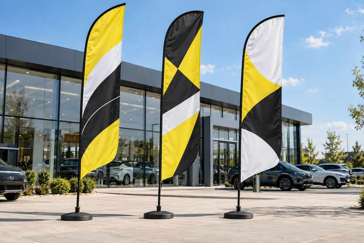 Feather flags at a car dealership