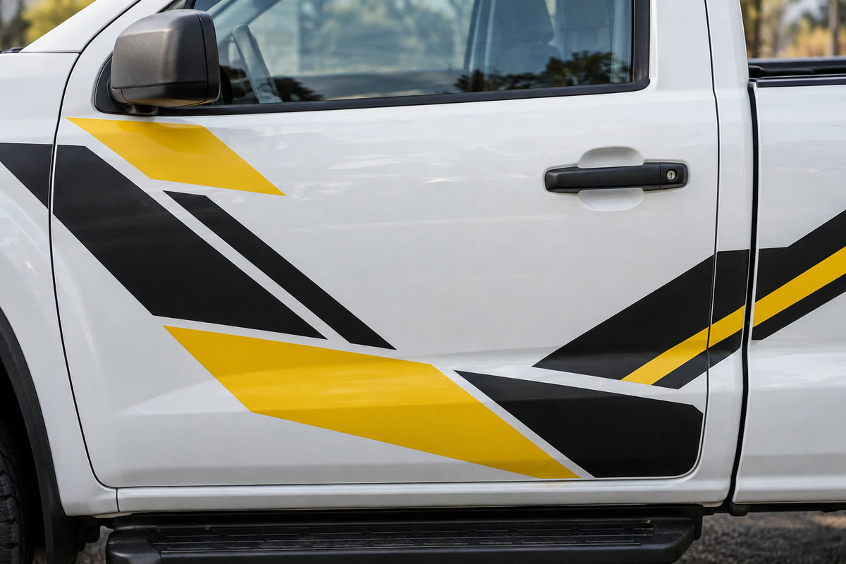 Cut vinyl graphics on a pickup truck door