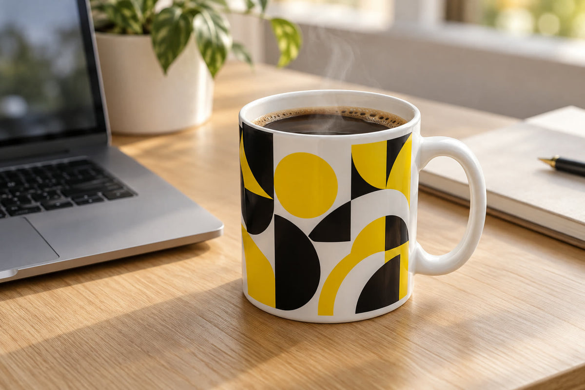 Custom printed mug on a desk