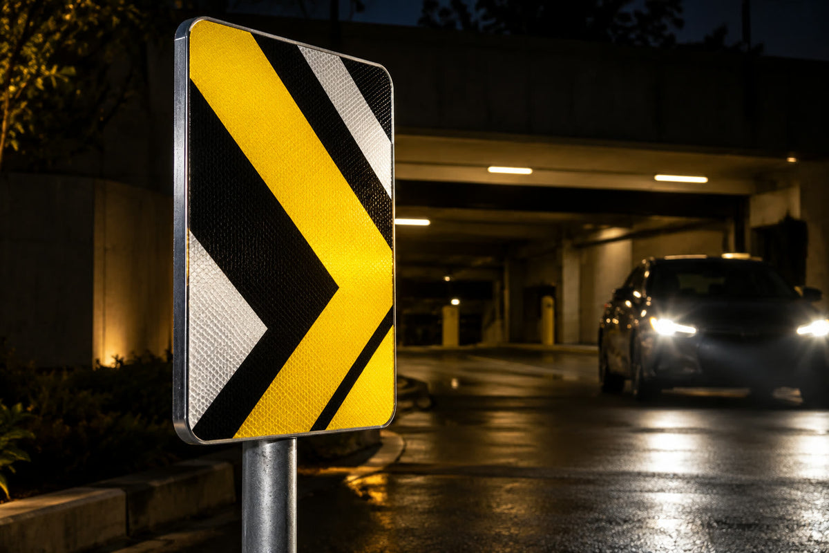 Reflective aluminum sign glowing under car headlights at night