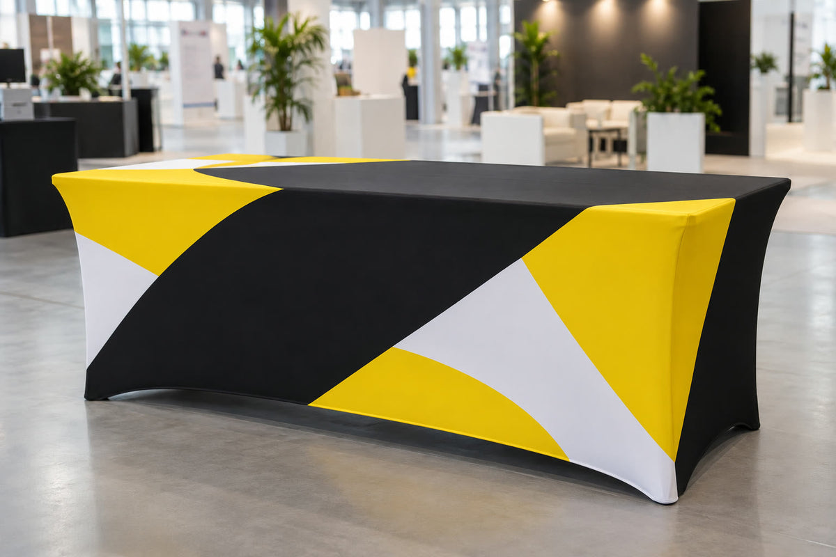 Stretch table cover at a trade show