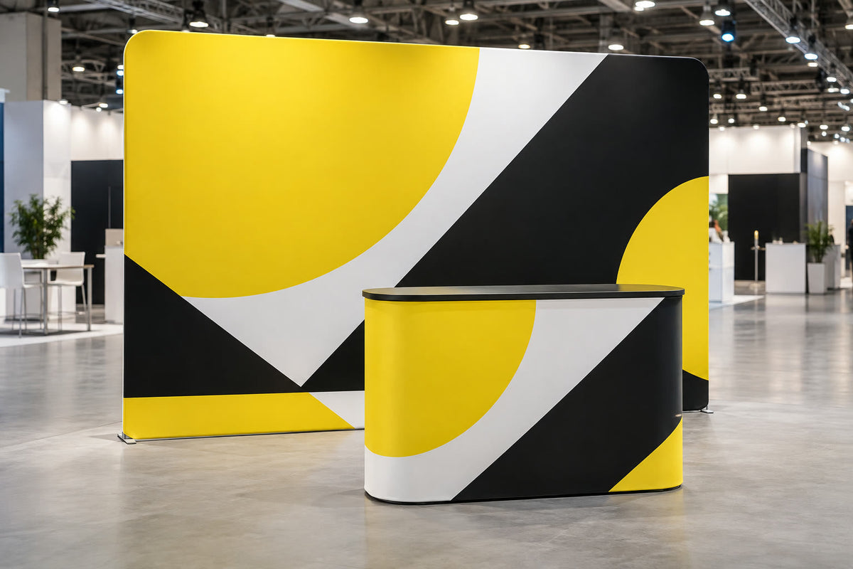 Tension fabric wall in a trade show booth