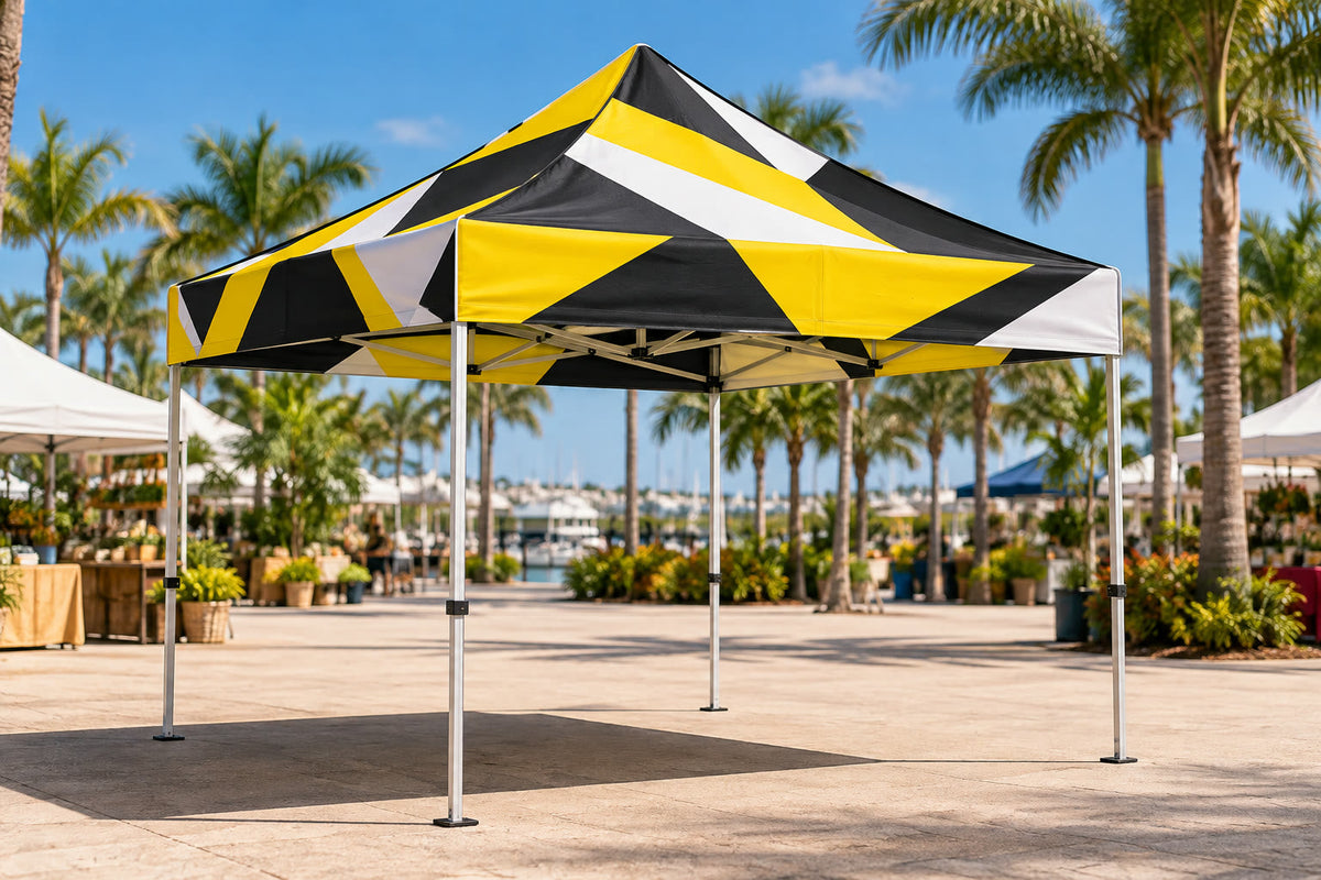 Printed pop-up tent at an outdoor market