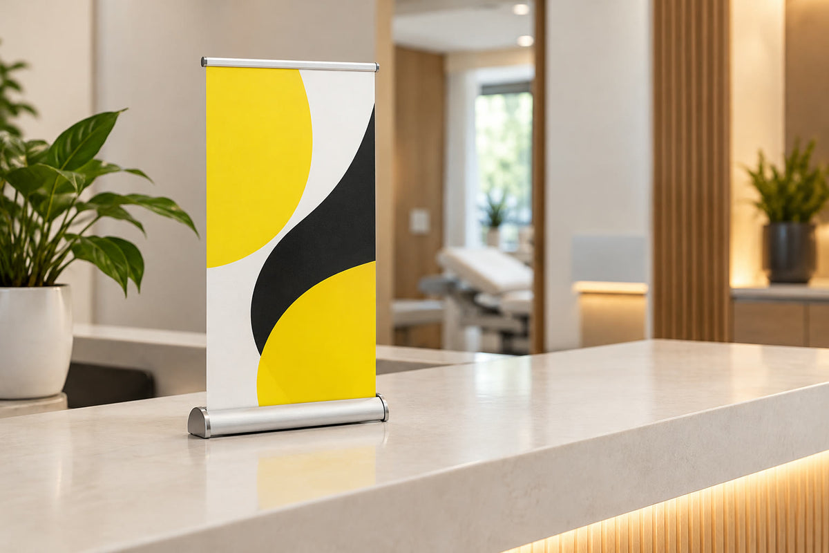 Tabletop retractable banner on a reception counter